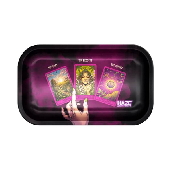 Large rolling tray with three tarot-style cards and a hand holding one, glowing in pink and purple tones.