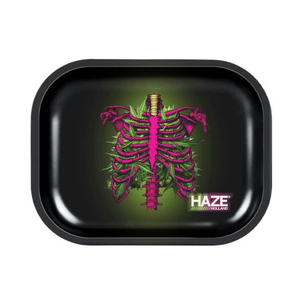Small rolling tray with a neon pink anatomical ribcage fused with green cannabis leaves on a black background.