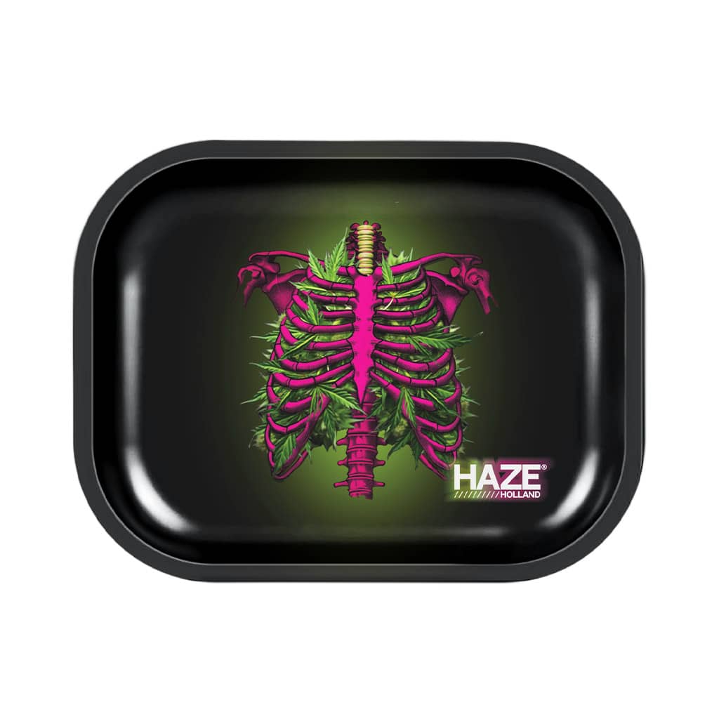 Small rolling tray with a neon pink anatomical ribcage fused with green cannabis leaves on a black background.