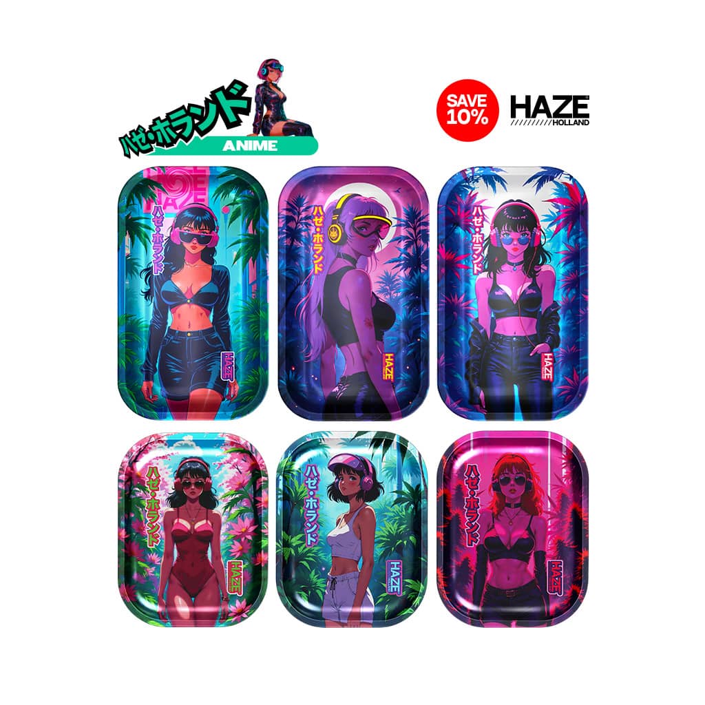 Anime rolling tray set by Haze Holland featuring six designs including Reiko, Misa, Ayame, Sakura, Kimiko, and Hiroko.
