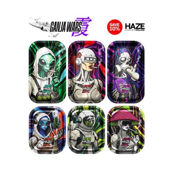 Gaming rolling tray set by Haze Holland featuring six Ganja Wars designs including Alien Puff, Cyborg XXX, Toxic Kushbone, Weed Wizard, Astro High, and Shroom Ninja.