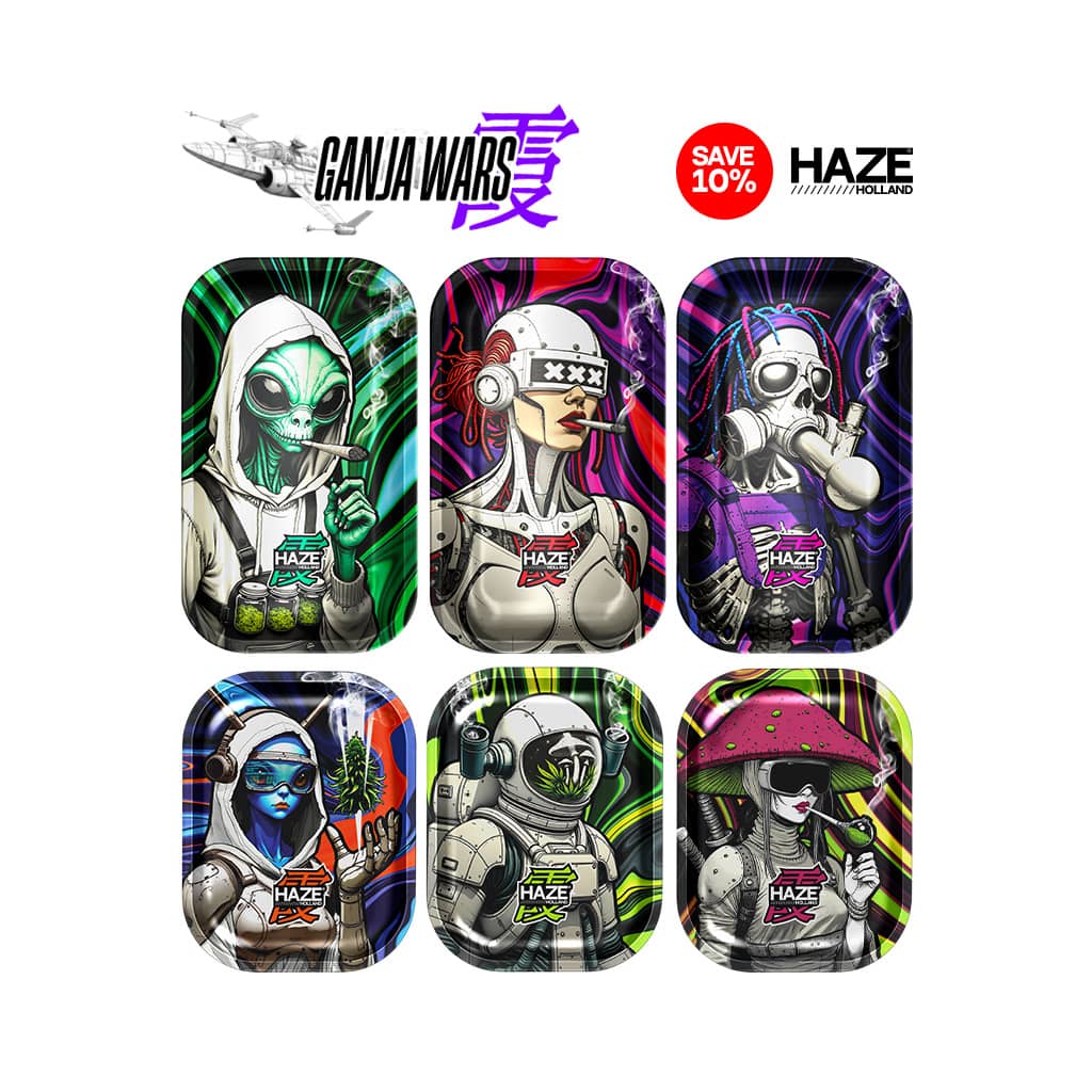Gaming rolling tray set by Haze Holland featuring six Ganja Wars designs including Alien Puff, Cyborg XXX, Toxic Kushbone, Weed Wizard, Astro High, and Shroom Ninja.