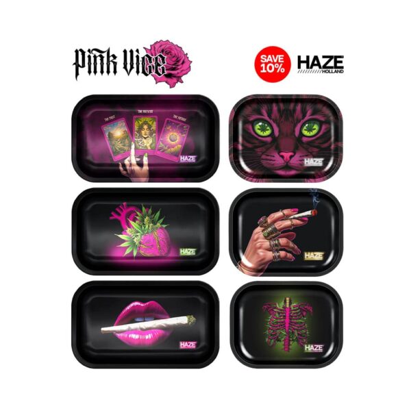 Pink rolling tray set by Haze Holland featuring six Pink Vice designs including Hazey Prophecy, Green Pulse, Kiss & Kush, Catnip Dreams, Puff Royale, and Stoned to the Bone.
