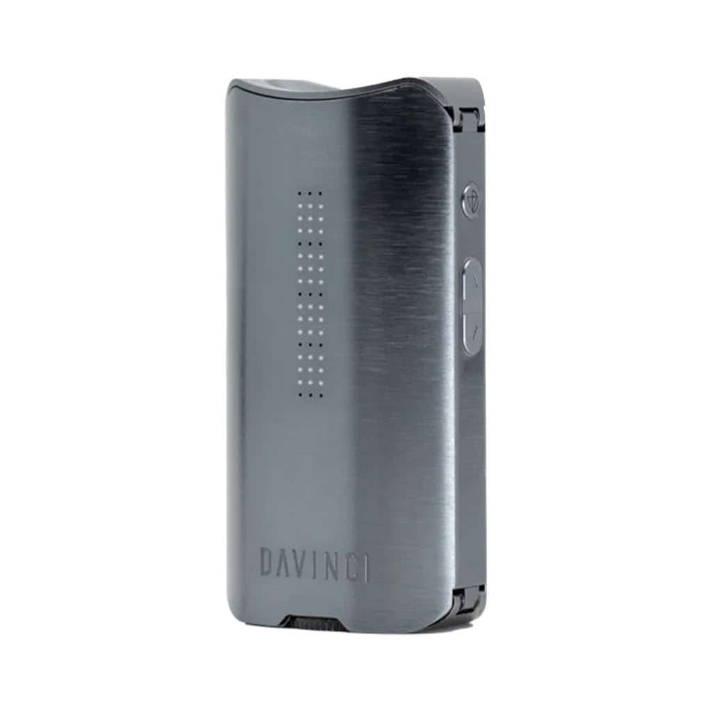 DaVinci IQ3 dry herb and extract vaporizer in gun metal grey standing upright on a white background.