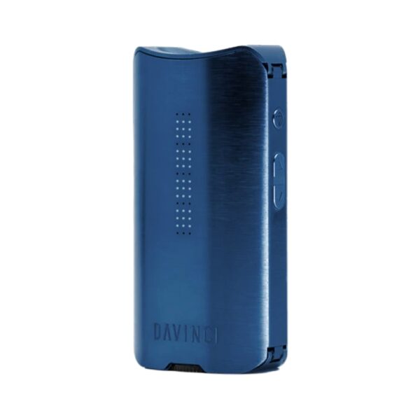 DaVinci IQ3 dry herb and extract vaporizer in sapphire blue standing upright on a white background.