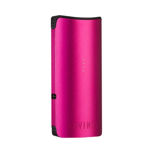 DaVinci Migro-C compact dry herb vaporizer in bright pink standing upright on a white background.