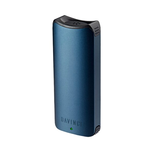 DaVinci portable dry herb vaporizer in matte blue standing upright on a white background.