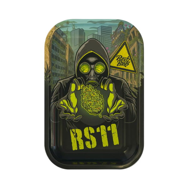 Best Buds RS11 metal rolling tray with gas mask character artwork on white background
