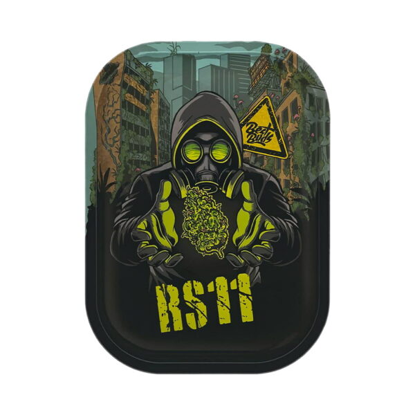 Best Buds RS11 small metal rolling tray with gas mask character artwork on white background
