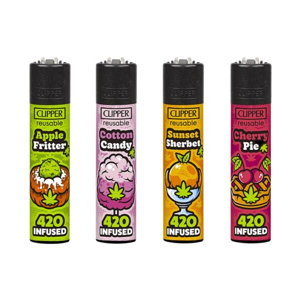 Clipper reusable lighters 420 infused design collection with assorted graphics on white background