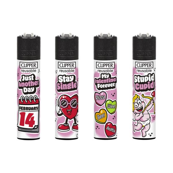 Clipper reusable lighters Anti Valentines design collection with pink illustrated graphics on white background