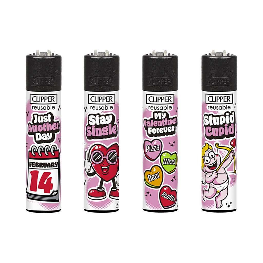 Clipper reusable lighters Anti Valentines design collection with pink illustrated graphics on white background