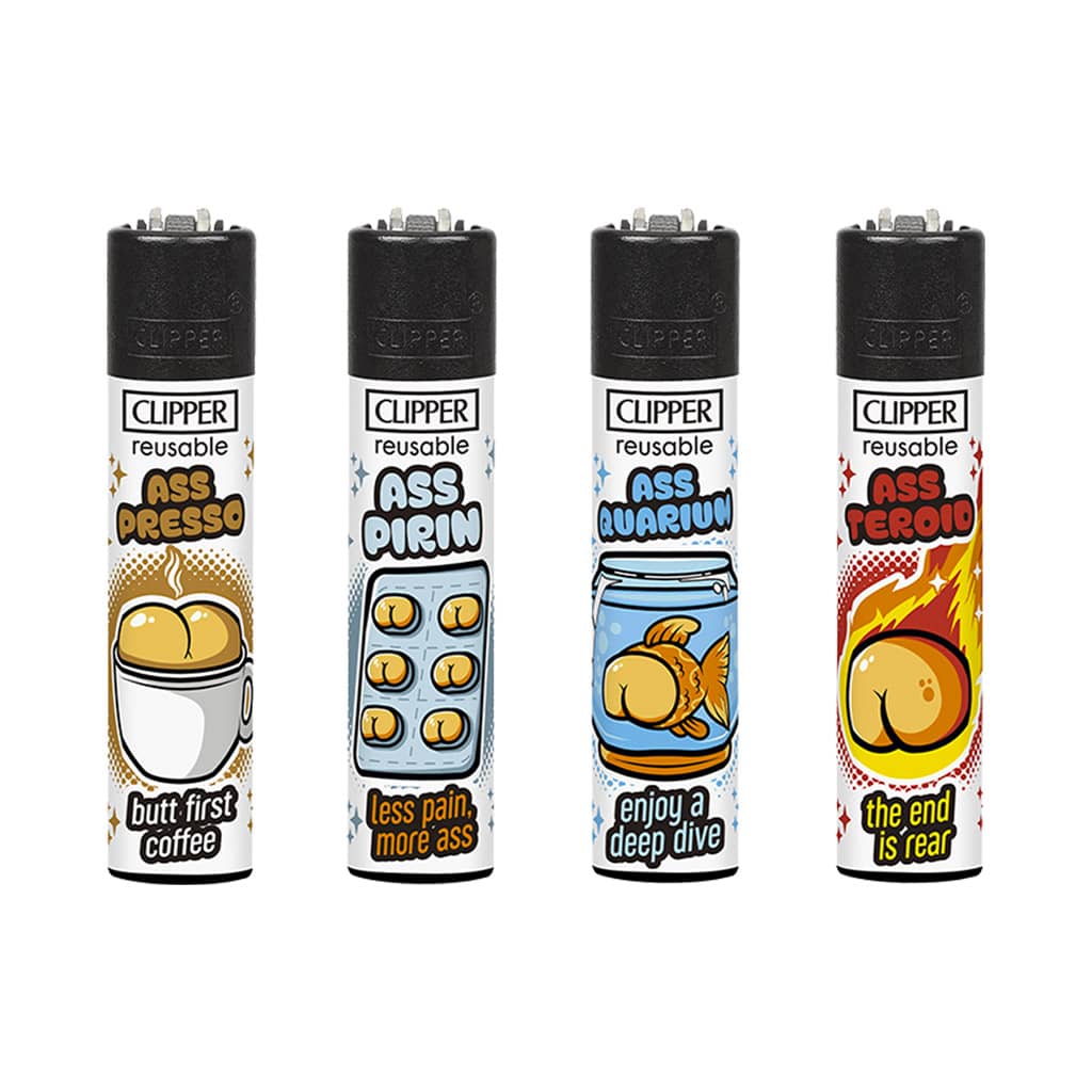Clipper reusable lighters Ass collection with humorous illustrated designs on white background