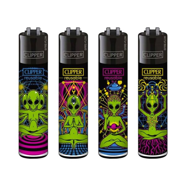 Clipper reusable lighters Classic Trippy Alien design collection with neon graphics on white background