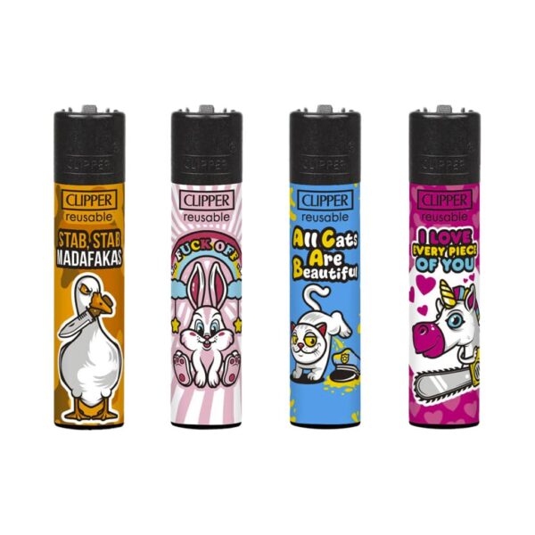 Clipper reusable lighters mix slogan design collection with illustrated characters on white background