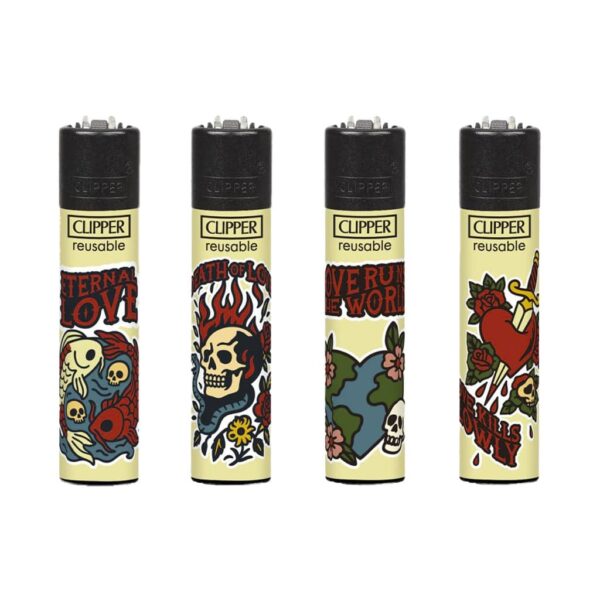 Clipper reusable lighters New School skull design collection with illustrated artwork on white background