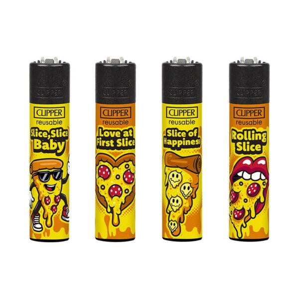 Clipper reusable lighters Pizza design collection with illustrated slice graphics on white background