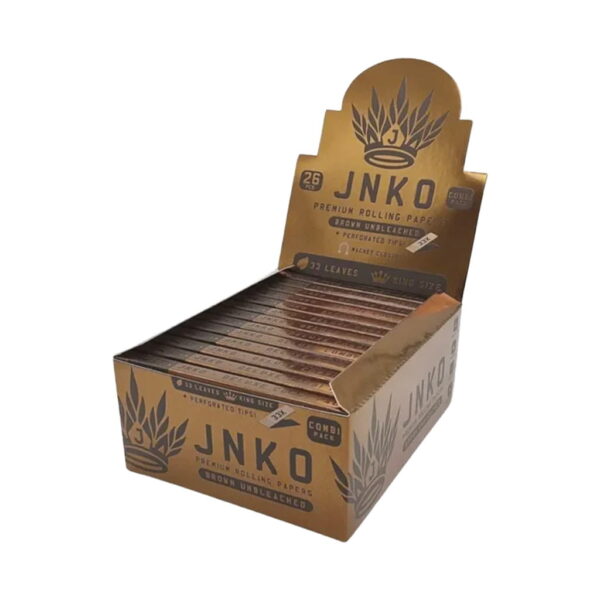 JNKO king size brown unbleached rolling papers with tips wholesale display box on white background