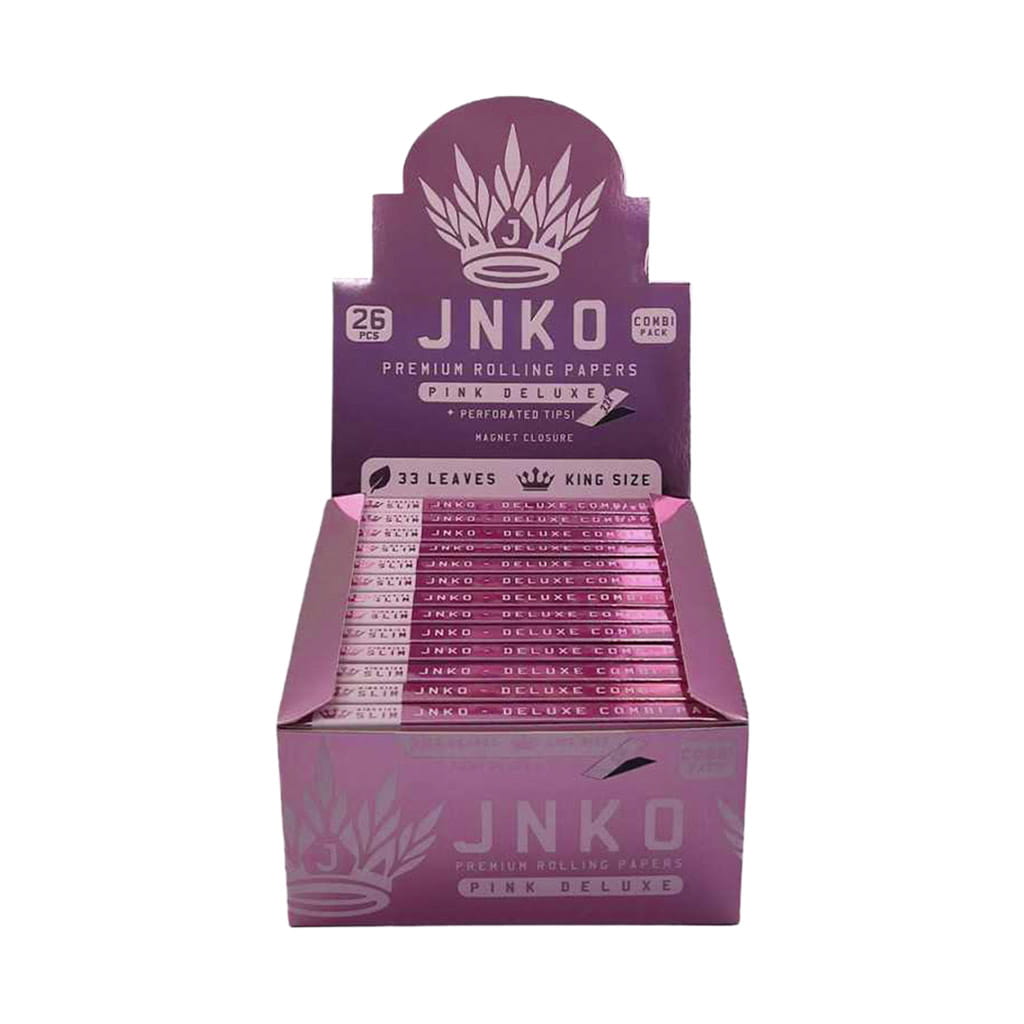 JNKO pink deluxe king size rolling papers with tips wholesale display box on white background