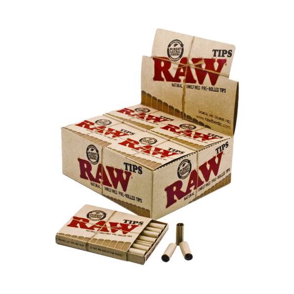 RAW Authentic Pre-Rolled Tips wholesale display box with natural unrefined pre-rolled paper tips and individual packs on white background