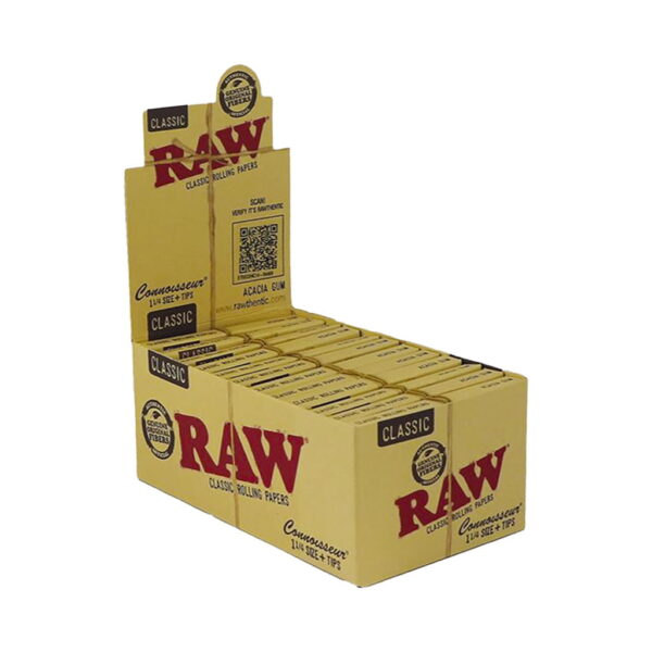 RAW Classic Connoisseur rolling papers with filter tips wholesale display box on white background