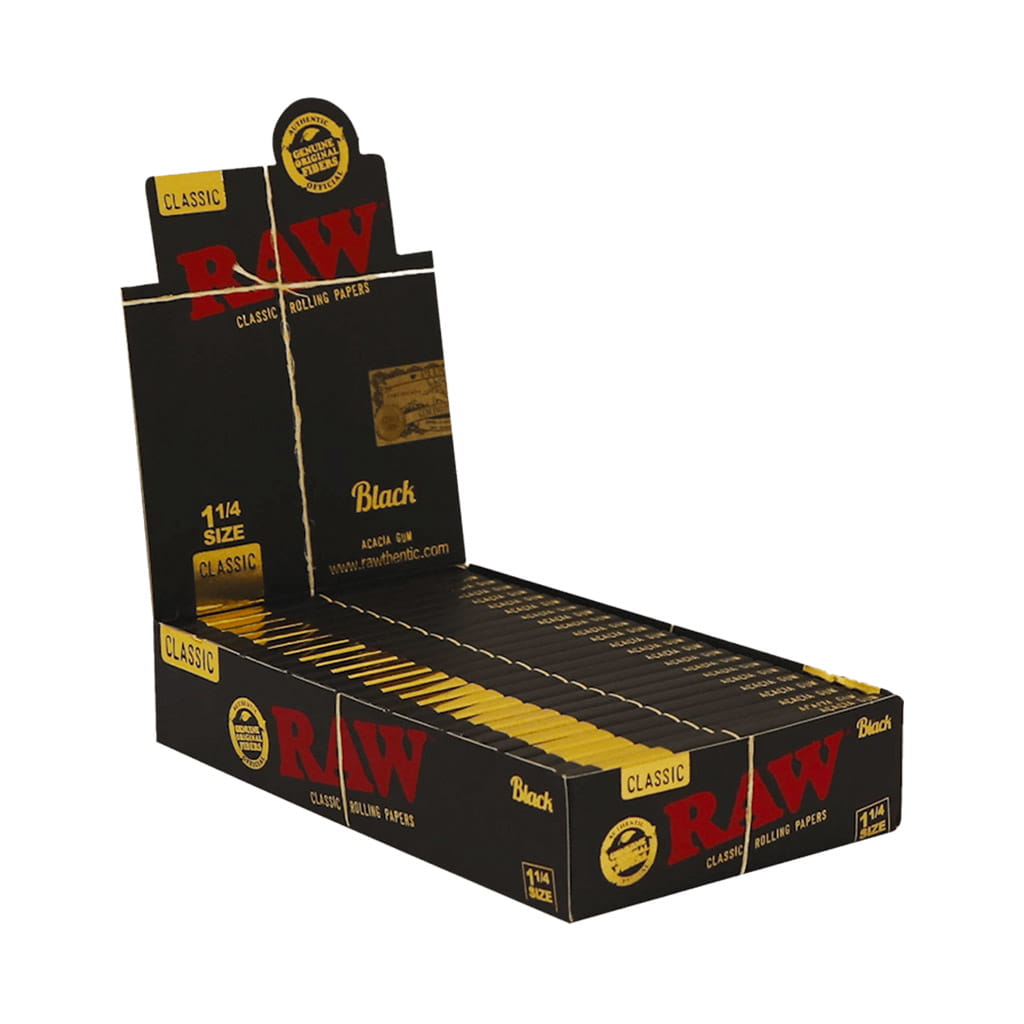RAW Classic Black rolling papers 1 1/4 size wholesale display box on white background