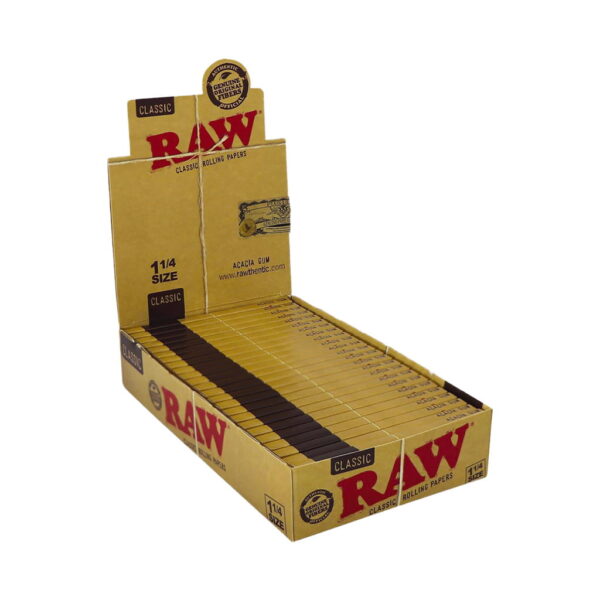 RAW Classic rolling papers 1 1/4 size wholesale display box on white background