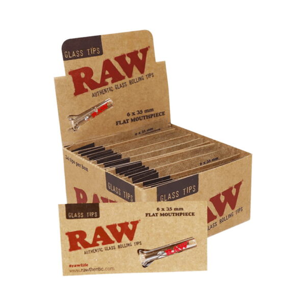 RAW authentic glass rolling tips flat mouthpiece wholesale display box on white background