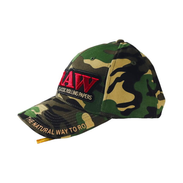 RAW camo baseball cap with embroidered logo on white background