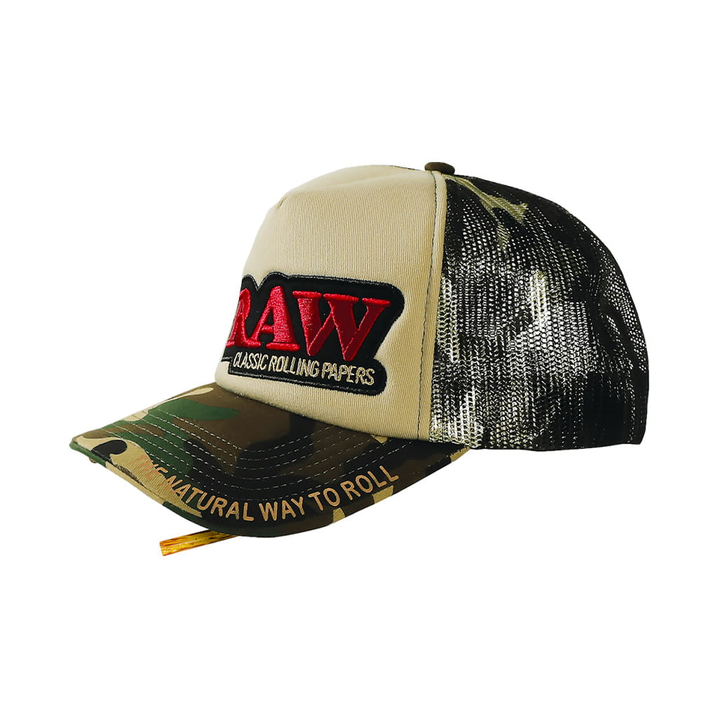RAW camo and beige trucker hat with mesh back and embroidered logo on white background