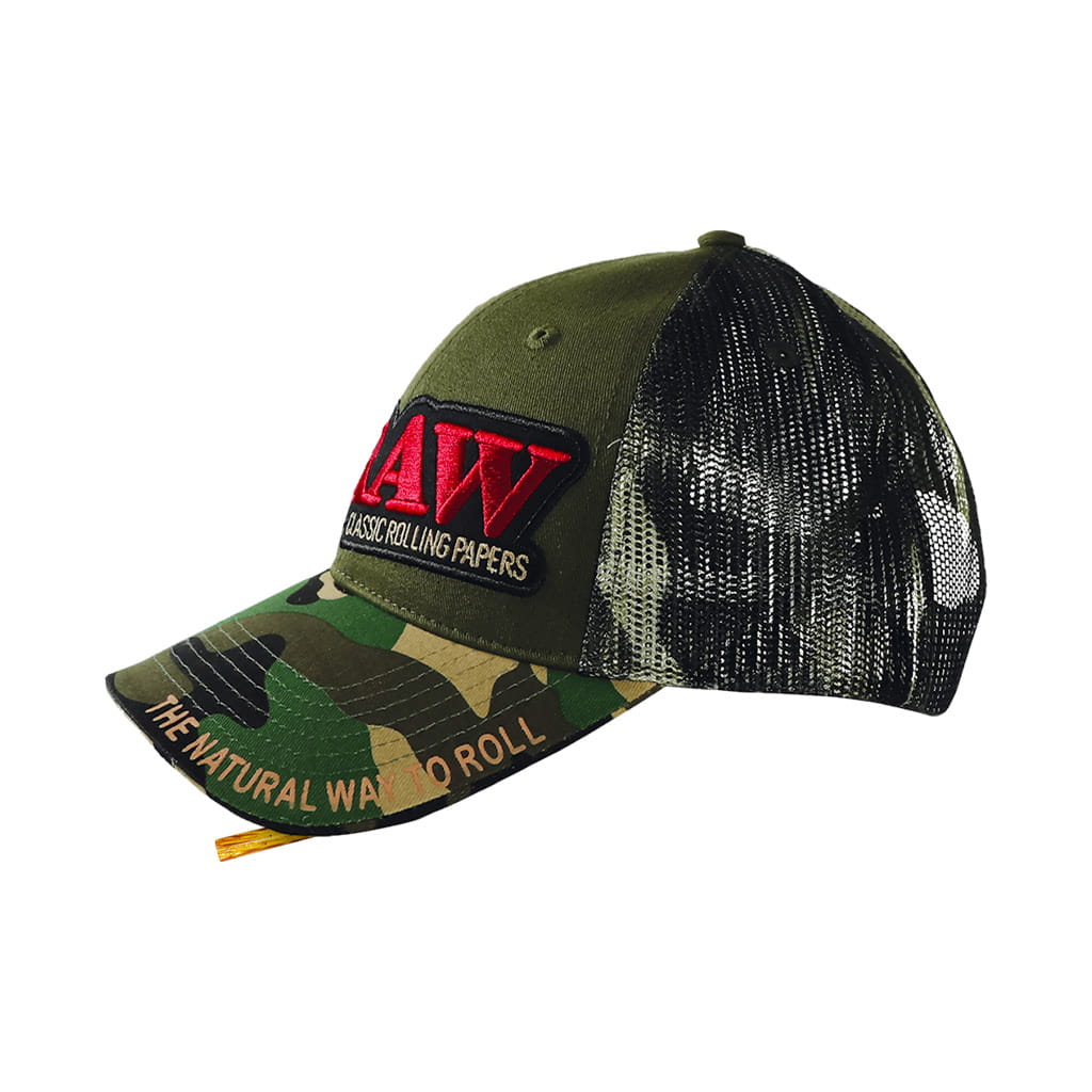RAW green camo trucker hat with mesh back and embroidered logo on white background