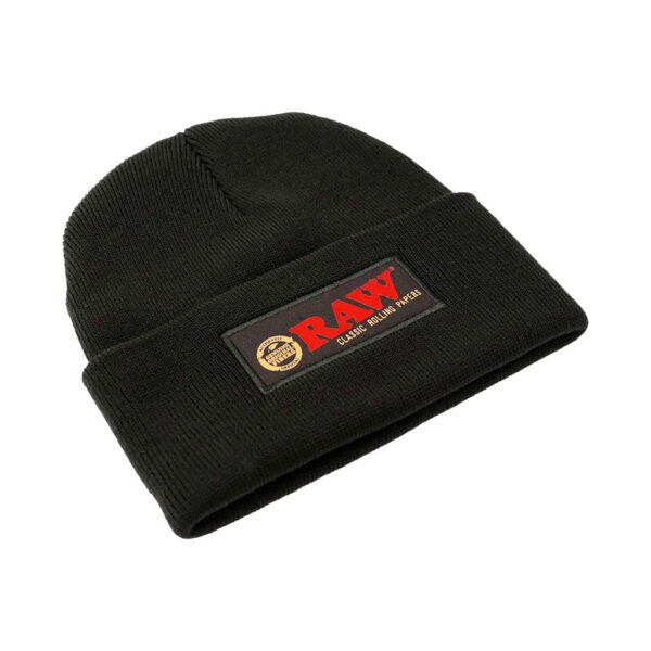RAW black winter beanie with embroidered logo and stash pocket on white background