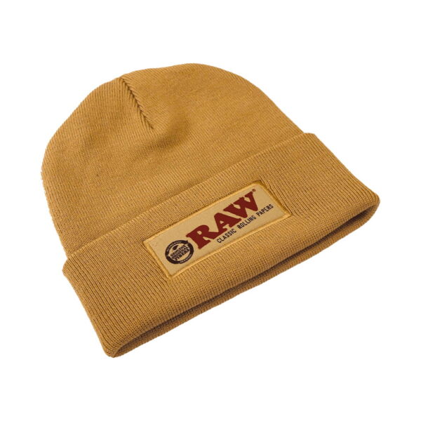 RAW brown winter beanie with embroidered logo and stash pocket on white background