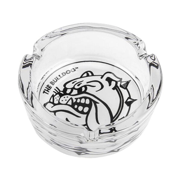 The Bulldog clear glass ashtray with black and white logo on white background