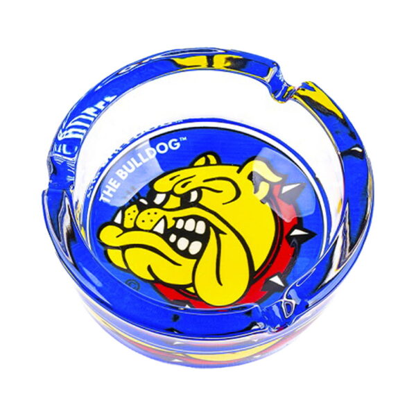 The Bulldog blue glass ashtray with full color logo on white background