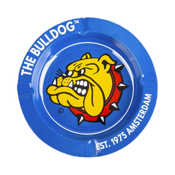 The Bulldog blue metal ashtray with full color logo on white background