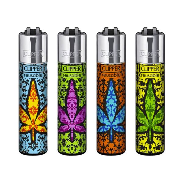 Clipper reusable lighters with colorful leaf pattern designs on white background
