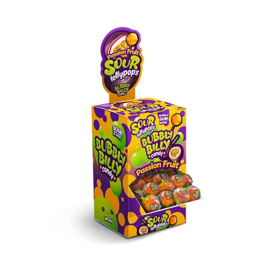 Bubbly Billy Candy Sour Lollipop Passion Fruit Wholesale Display