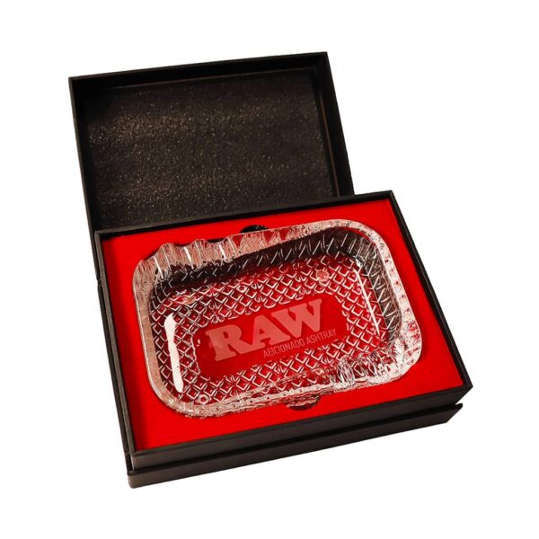 RAW Aficionado thick glass ashtray with matte logo and 6 slots in gift box