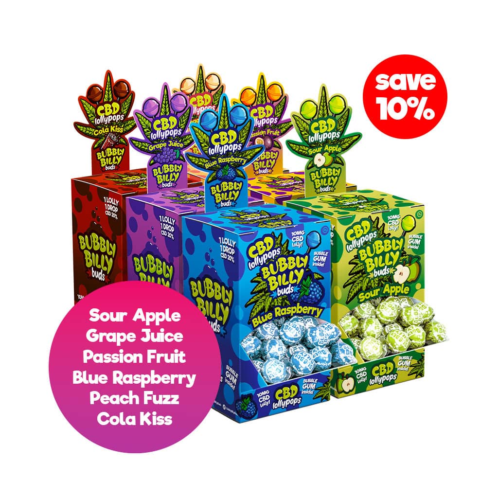 Bubbly Billy Buds Masterbox Flavour Mix Electric CBD lollipop bundle with 6 retail displays