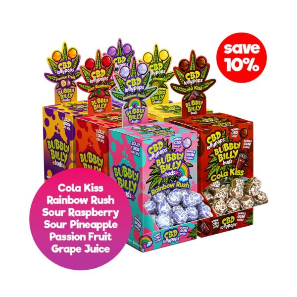 Bubbly Billy Buds Masterbox Flavour Mix Fizzy bundle with 6 CBD lollipop displays (Cola Kiss, Rainbow Rush, Sour Raspberry, Sour Pineapple, Passion Fruit, Grape Juice)