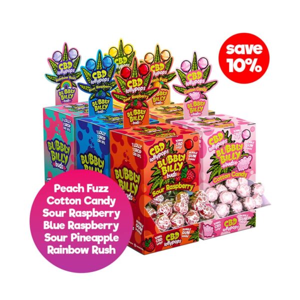Bubbly Billy Buds Masterbox Flavour Mix Juicy bundle with 6 CBD lollipop displays (Peach Fuzz, Cotton Candy, Sour Raspberry, Blue Raspberry, Sour Pineapple, Rainbow Rush)
