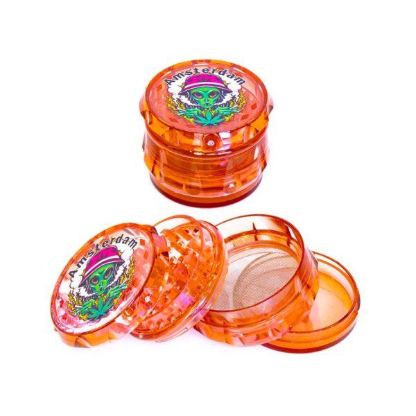 Amsterdam alien salmon plastic grinder wholesale display 4 part diamond teeth kief compartment