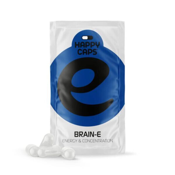 Happy Caps Brain-E wholesale display with plant-based focus capsules in retail envelopes