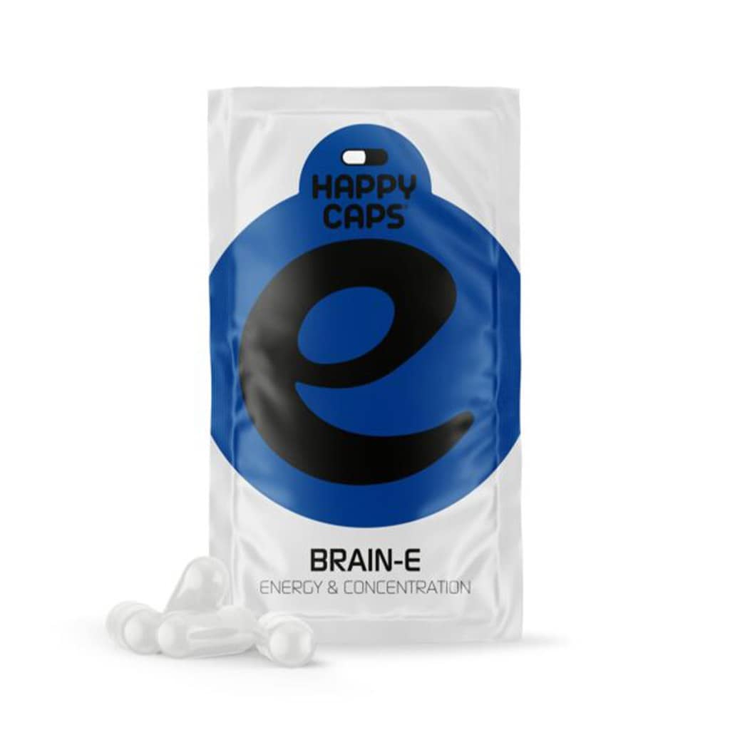 Happy Caps Brain-E wholesale display with plant-based focus capsules in retail envelopes