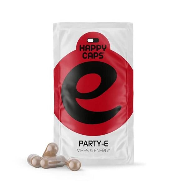 Happy Caps Party-E wholesale display with plant-based energy capsules in envelopes