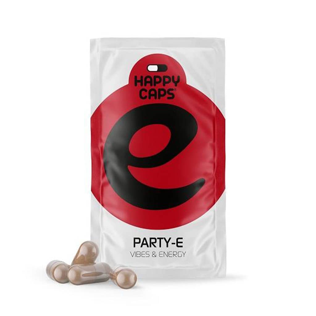 Happy Caps Party-E wholesale display with plant-based energy capsules in envelopes