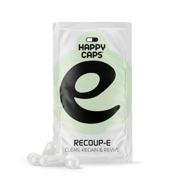 Happy Caps Recoup-E wholesale display with plant-based recovery capsules in retail envelopes