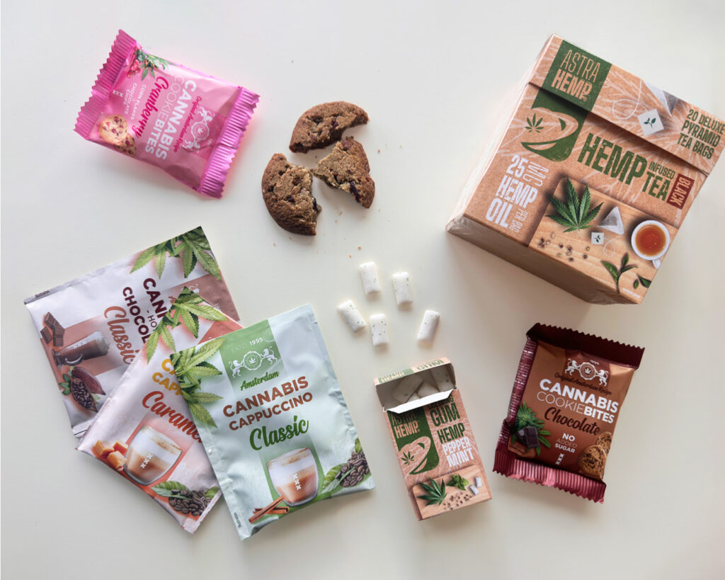 Assorted hemp products including hemp tea, hemp chewing gum, hemp cookies, hemp coffee, and hemp hot chocolate