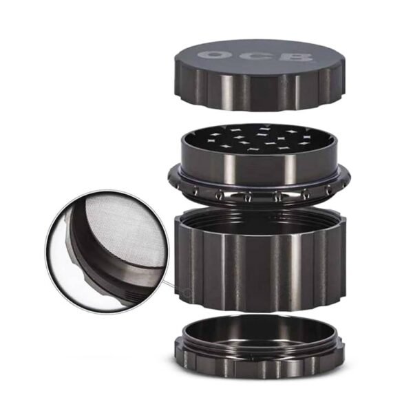 OCB - Aluminium Grinder 4 Parts - 55mm - Black and Silver - Wholesale Display 6 pcs